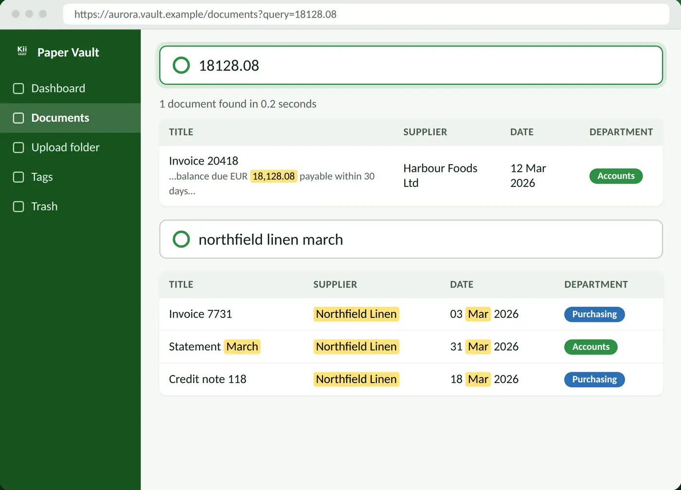 Sample screen: searching the vault for an amount